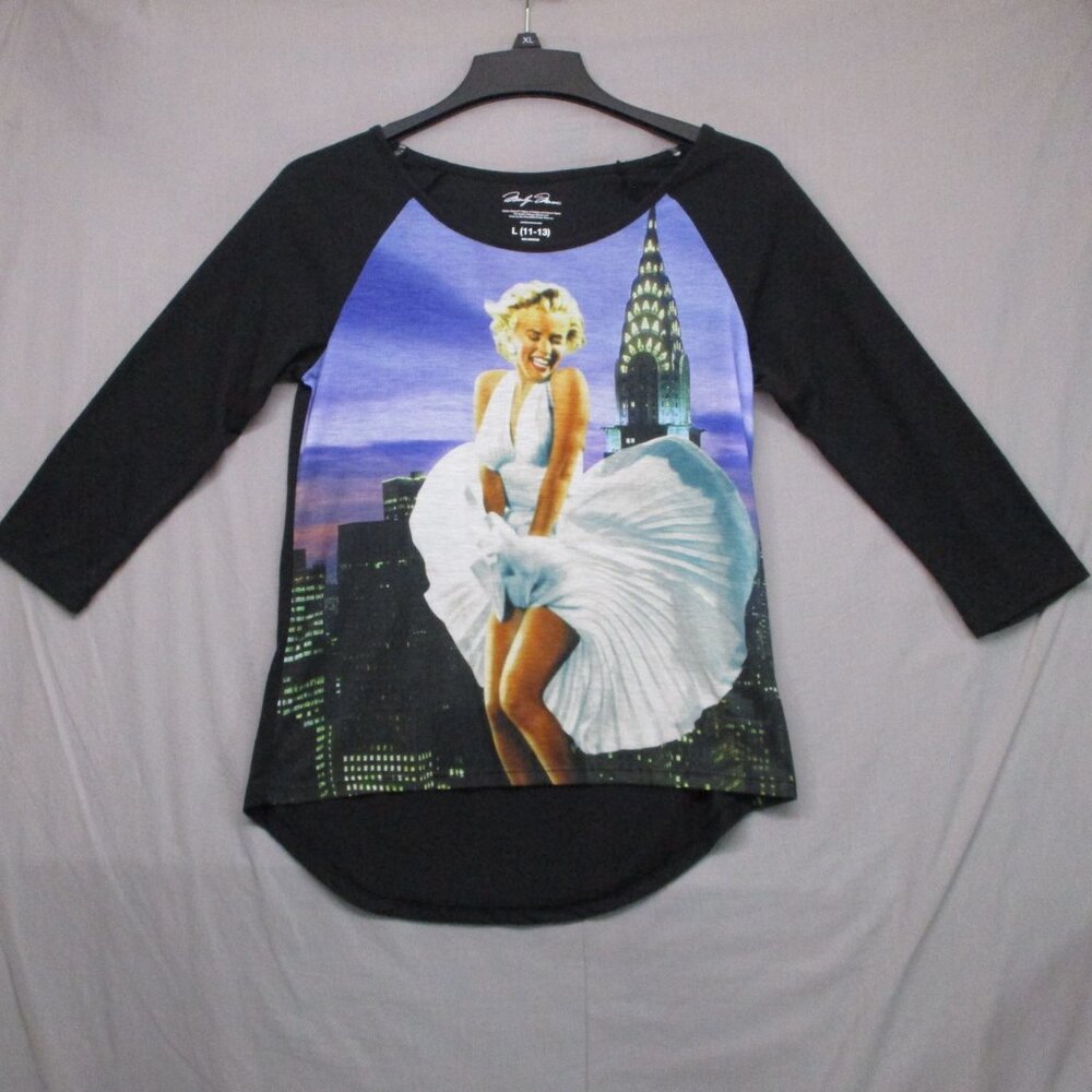Marilyn Monroe Raglan Quarter Sleeve Top Black & Purple Women Size | L - Picture 2 of 9